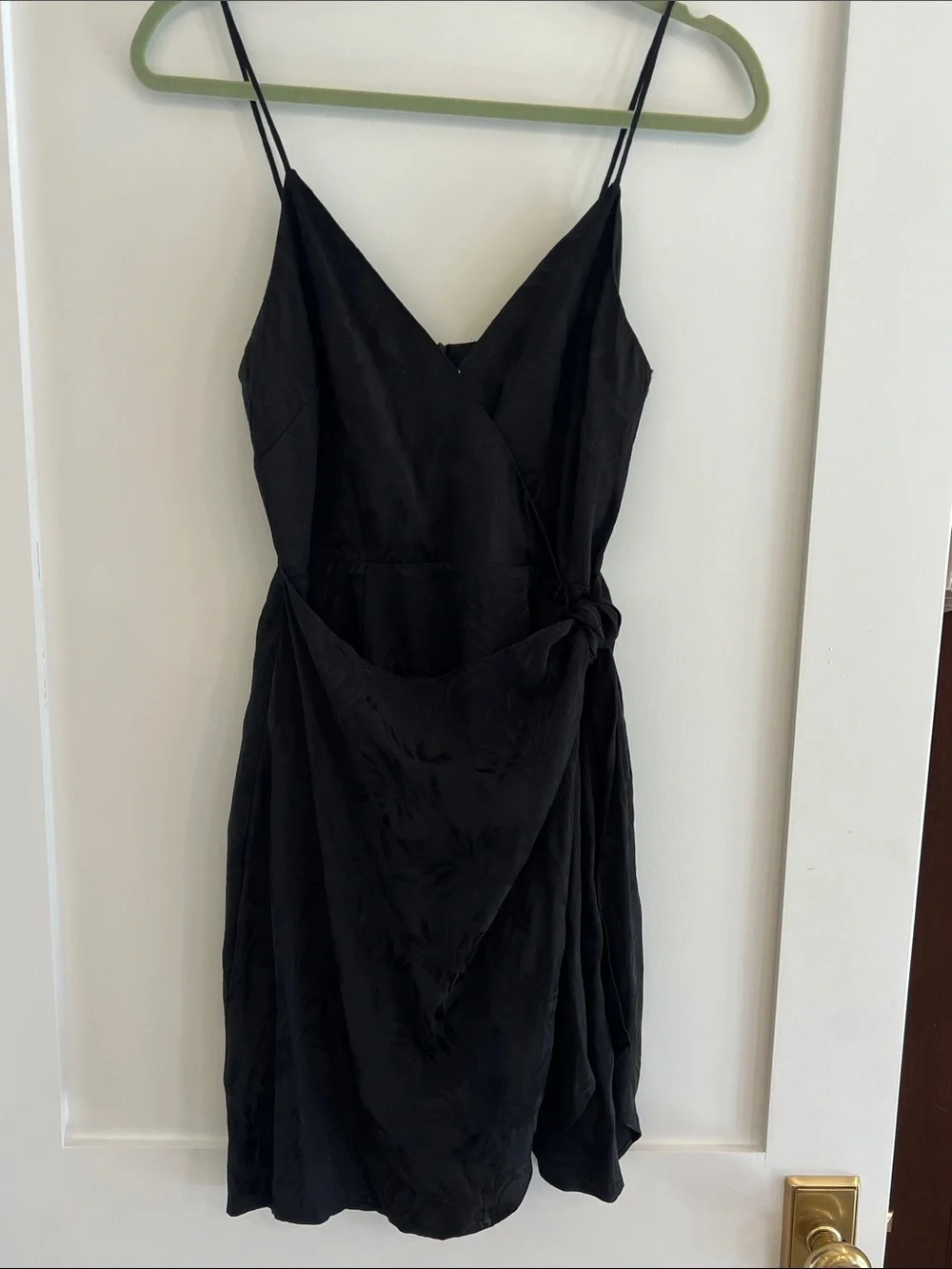 Steve Madden Black Satin-Effect Spaghetti Strap Wrap Mini Dress- Georgina